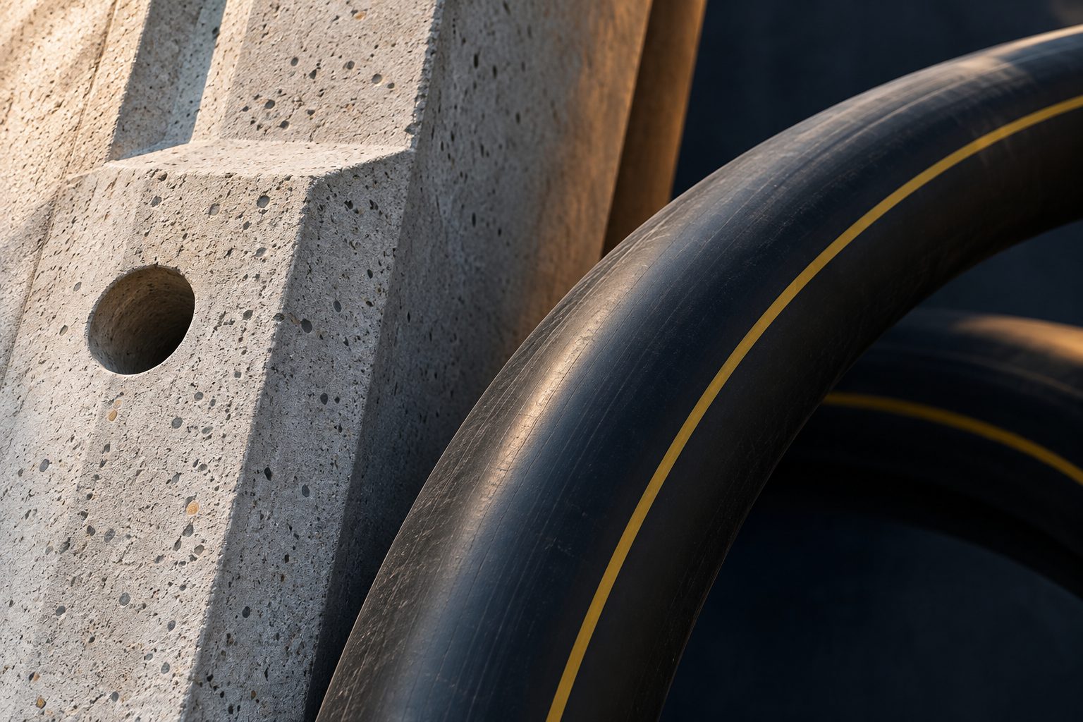 Composition illustrative de béton et de canalisation plastique noire à bande jaune